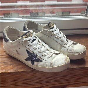 Golden Goose White and Navy Blue Sparkle Sneakers
